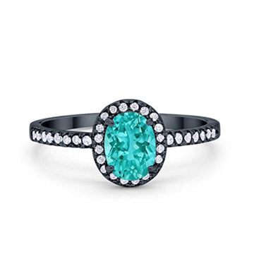 Halo Oval Engagement Ring Black Tone, Simulated Paraiba Tourmaline CZ 925 Sterling Silver